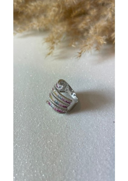 Beyaz Altın Kaplama Rainbow Renkli Baget Taşlı Sarmal Yüzük 925 Ayar Gümüş Yüksek Kalite Üretim indirimleri