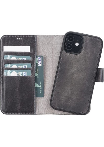 Apple iPhone 12 Pro Uyumlu Deri Cüzdanlı Kılıf VS4EF Gri