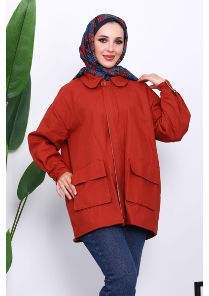 Kiremit Cep Detaylı Fermuarlı Gabardin Ceket