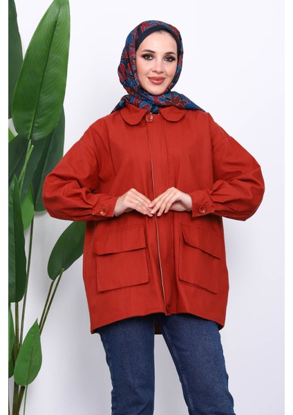 Kiremit Cep Detaylı Fermuarlı Gabardin Ceket modelleri