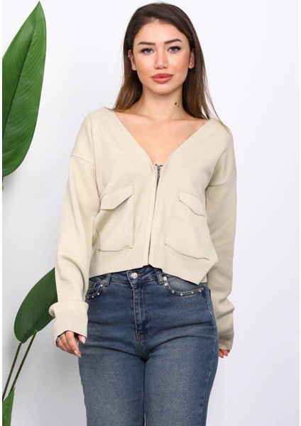 Bej Çift Cepli Fermuarlı Triko Hırka fiyatları