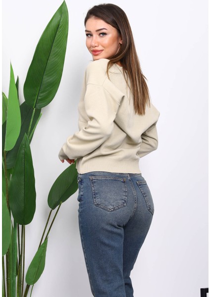 Bej Çift Cepli Fermuarlı Triko Hırka modelleri