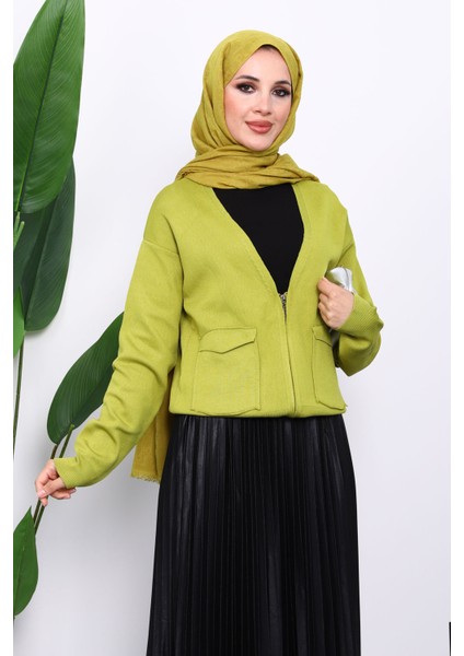 Yağ Yeşili Çift Cepli Fermuarlı Triko Hırka