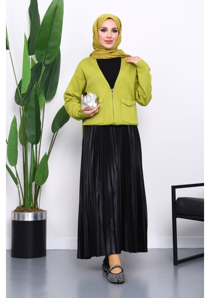 Yağ Yeşili Çift Cepli Fermuarlı Triko Hırka fiyatları