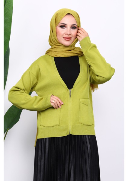 Yağ Yeşili Çift Cepli Fermuarlı Triko Hırka modelleri