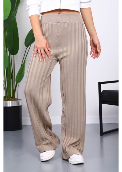 Vizon Yüksek Bel Fitilli Bol Paça Triko Pantolon