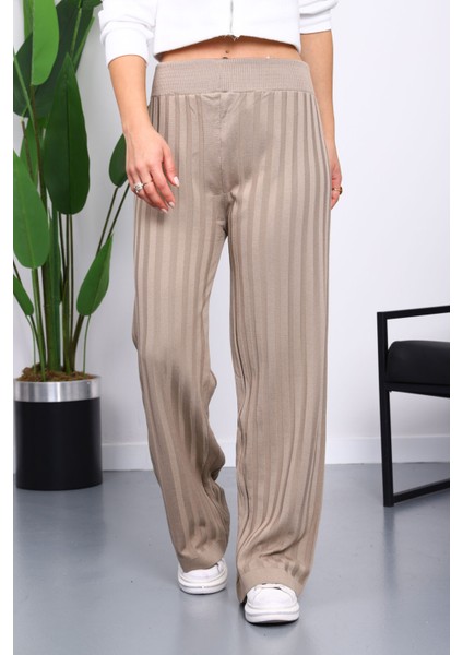 Vizon Yüksek Bel Fitilli Bol Paça Triko Pantolon modelleri