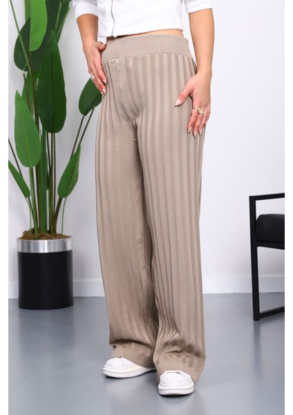 Vizon Yüksek Bel Fitilli Bol Paça Triko Pantolon fırsatları