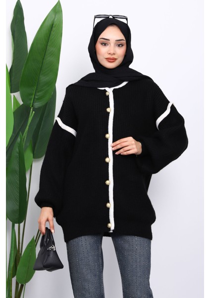 Siyah Balon Kol Düğmeli Triko Hırka