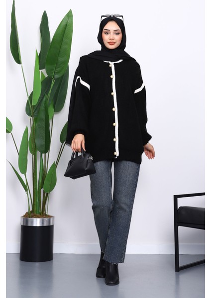 Siyah Balon Kol Düğmeli Triko Hırka fiyatları