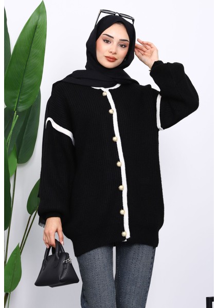 Siyah Balon Kol Düğmeli Triko Hırka modelleri