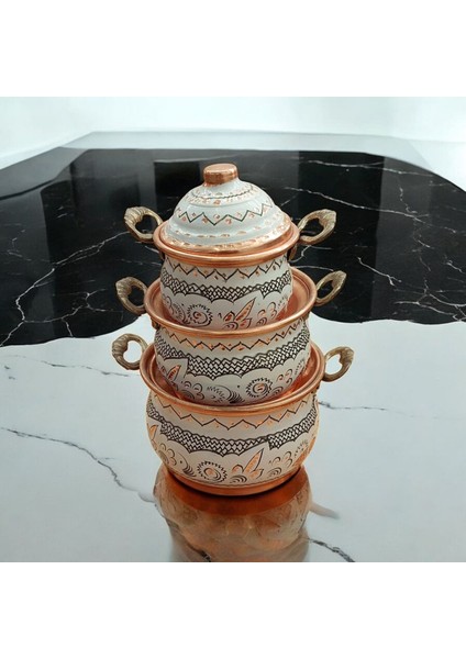 Mini Bakır Tencere 18*8 cm Mini Süs Tencere 3'lü Süs Biblo Tencere Minyatur Tencere