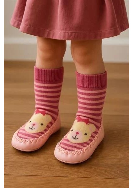 Çocuk Ayıcık Desenli Makosen Soket Çorap Patik Panduf – Kaydırmaz Ev & Anaokulu Ayakkabısı Pembe