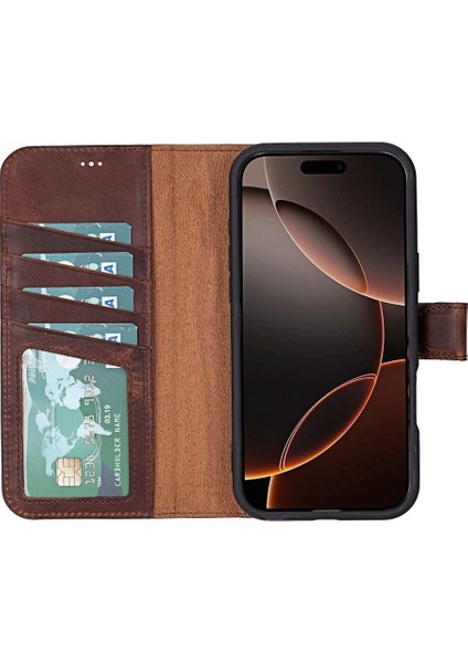 Apple iPhone 16 Pro Uyumlu, Hakiki Deri, El Yapımı, Cüzdanlı Kılıf, Antik Kahve fiyatları