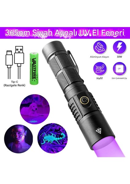30W Uv Işık Feneri, 365NM Profesyonel Güçlü, Usb-C Şarjlı, Metal Gövde, Su Dayanıklı, Para Kontrol indirimleri