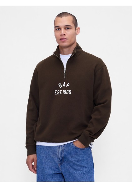 Erkek Kahverengi Vintagesoft Oversized Gap Logo Yarım Fermuarlı Sweatshirt