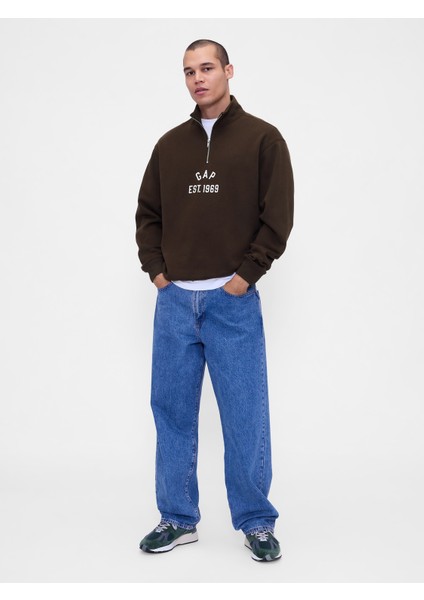 Erkek Kahverengi Vintagesoft Oversized Gap Logo Yarım Fermuarlı Sweatshirt