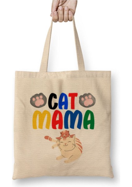 Cat Mama Funny Cat Lover Gifts For Women Men Kids Beyaz Bez Çanta Uzun Saplı