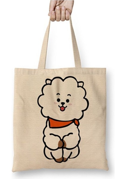 Bts BT21 Rj Beyaz Bez Çanta Uzun Saplı Alışveriş Çantası Plaj Çantası