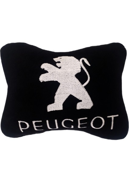 Peugeot Uyumlu Beyaz Nakışlı Siyah Polar Araç & Oto Koltuk Seyahat Boyun Yastığı / Tekli Polar