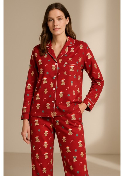 Kadın Teddy Desenli Yılbaşı Temalı Pijama Takımı Kırmızı modelleri