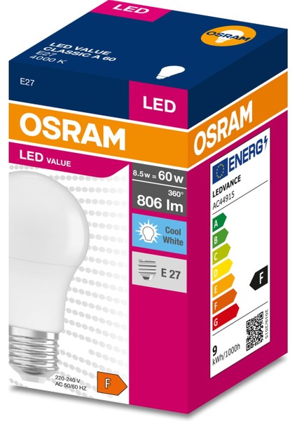 LED 8.5W 6500K 806LM E27 Duy Beyaz Işık Ampul