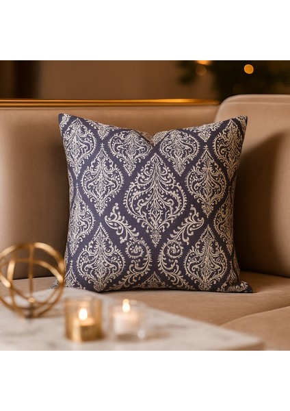 Klasik Desenli Gri Duck Kırlent Kılıfı – Lüks Dokulu, Fermuarlı