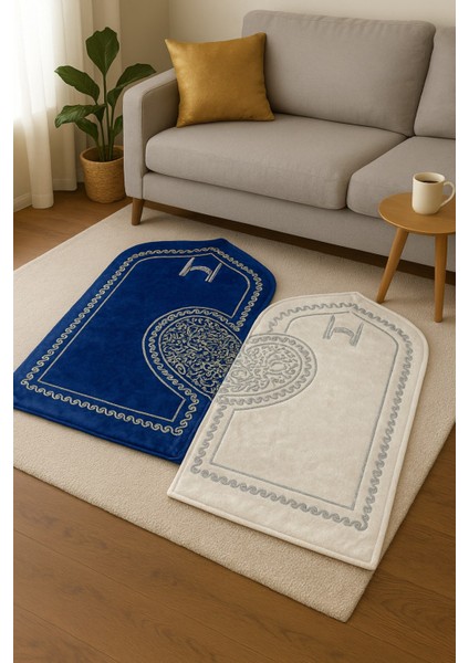 Beyza Mavi Krem Kadife 2'li Çift Kalpli Nakışlı Seccade Süngerli Çeyizlik Bohça Eşli Namazlık modelleri