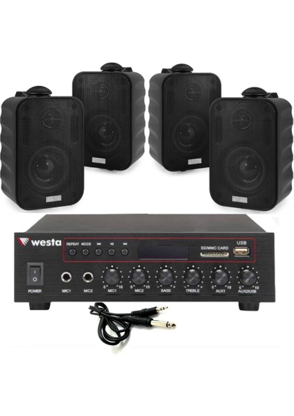 4 Hoparlörlü Mağaza Ses Sistemi | Güçlü Anfi ve Net Ses Kalitesi ile Profesyonel Set