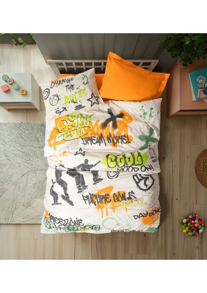 Junior Nevresim Takımı Tek Kişilik Graffiti Oranj