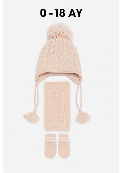 Kız Bebek 0-18 Ay Ponponlu Örgü Bere Atkı Eldiven 3'lü Takım