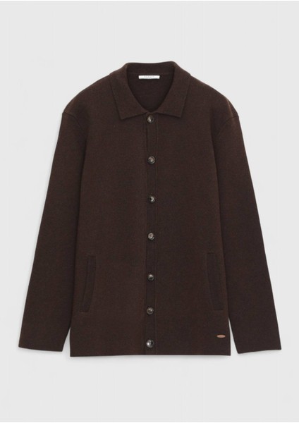 Kahverengi Polo Yaka Düz Örgü Yün Karışımlı Hırka