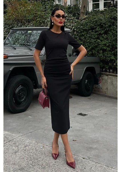 Beli Büzgülü Midi Elbise 2853