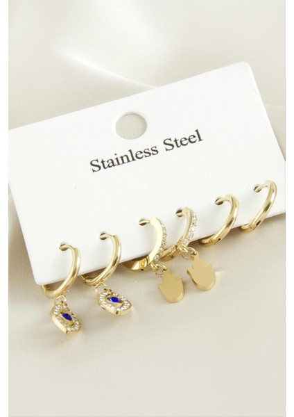 6 Adet Göz Zirkon Taşlı Lüks Çelik Küpe