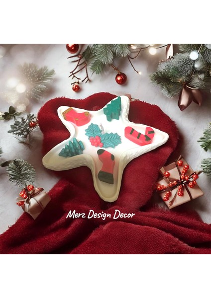 El Yapımı Dekoratif Yıldız Tabakta Yılbaşı Temalı Kokinalı Full %100 Doğal Vegan Soya Wax Mum fiyatları