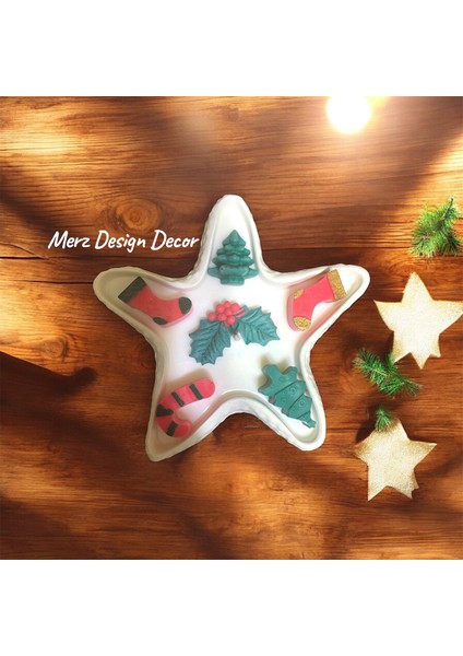 El Yapımı Dekoratif Yıldız Tabakta Yılbaşı Temalı Kokinalı Full %100 Doğal Vegan Soya Wax Mum modelleri