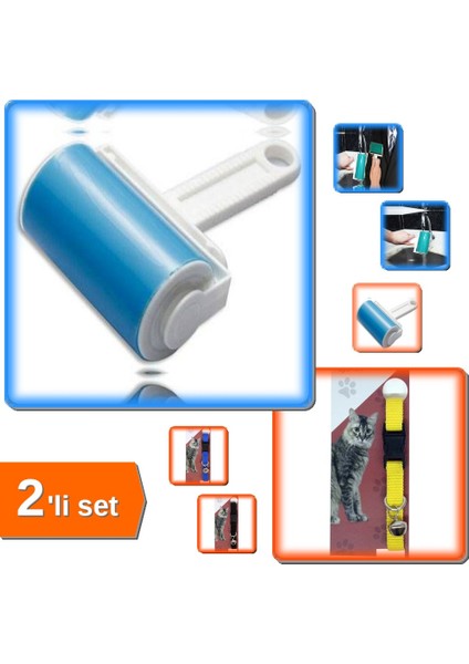 Ayarlanabilir Çıngıraklı Kedi Tassması + Halı-Tüy Toplama Rulosu 2’li Paket - G7H8J9