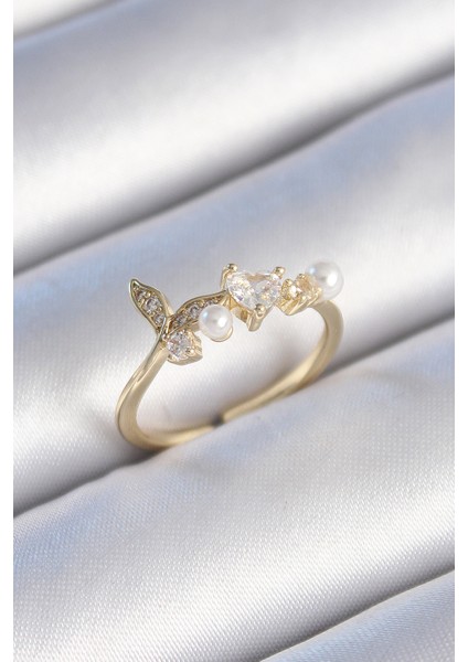 Pirinç Gold Renk Zirkon Taşlı Kalp Yaprak Model Inci Detay Kadın Yüzük - Lisinya