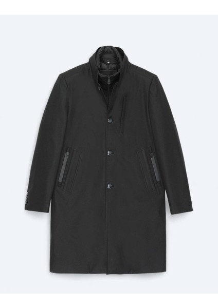 Siyah Regular Fit Kruvaze Yaka Casual Dokuma Pardesü