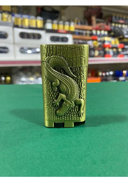 Timsah Figürlü Çift Yanarlı Çakmak - Antik Sarı