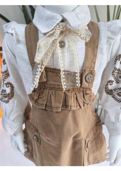 Kız Çocuk Kotlu Salopet Otantik Vintage Özel Tasarım ( Kot Elbise+Bluz)