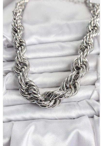 Bfs Pirinç Gümüş Renk Sarmal Halat Model Kadın Kolye