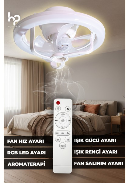 Dimmerli Tavan Vantilatörlü LED Lamba Cct Ayarlı (Beyaz-Sarı) 3 Hız Zaman Ayarlı ve Aromaterapi Özellikli