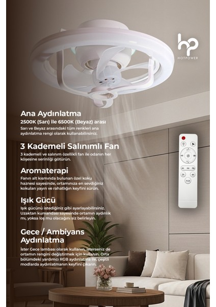 Dimmerli Tavan Vantilatörlü LED Lamba Cct Ayarlı (Beyaz-Sarı) 3 Hız Zaman Ayarlı ve Aromaterapi Özellikli fiyatları