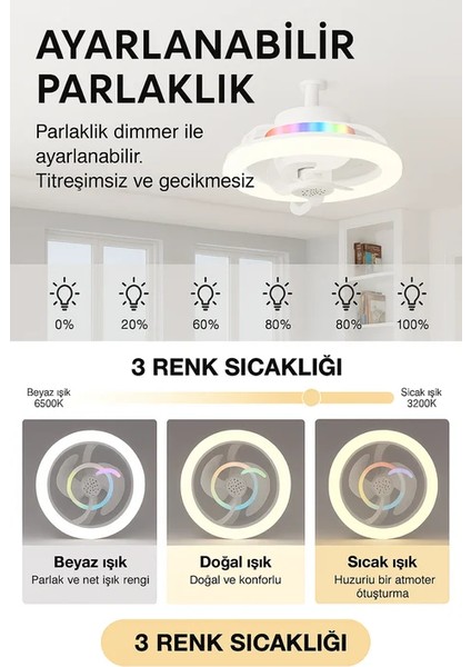 Dimmerli Tavan Vantilatörlü LED Lamba Cct Ayarlı (Beyaz-Sarı) 3 Hız Zaman Ayarlı ve Aromaterapi Özellikli modelleri