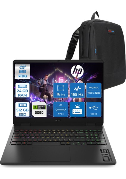 Omen 16-AM0007NT Intel Core I9 14900HX 24GB Ddr5 512GB SSD RTX5060 8gb Gddr7 Freedos 16 Inç IPS Wuxga (1920X1200) 165Hz 3ms 400NITS 100% Srgb Taşınabilir Bilgisayar WBQ3Q8EAF07 + Zetta Çanta