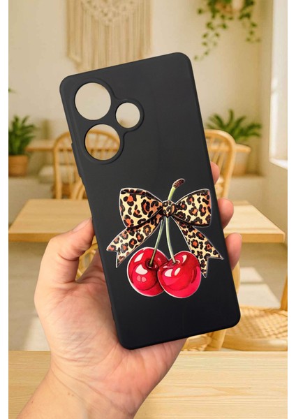 Infinix Hot 30 Uyumlu Kiraz Leopar Fiyonk Desenli Silikon Darbe Emici Rubber Kılıf