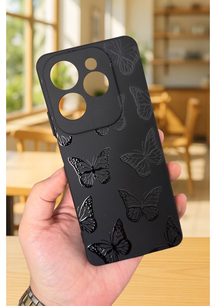 Infinix Hot 40 Uyumlu Siyah Kelebek Desenli Silikon Darbe Emici Klasik Korumalı Rubber Kılıf