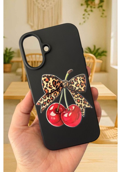 iPhone 16 Uyumlu Kiraz Leopar Fiyonk Desenli Silikon Darbe Emici Klasik Korumalı Rubber Kılıf