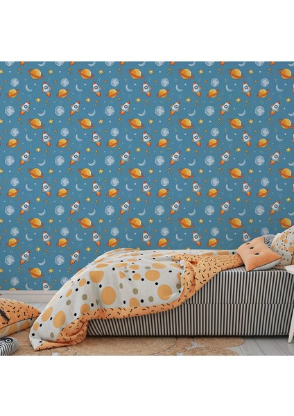 Gezegen Desenli Çocuk Odası Duvar Kağıdı -Isı ve Ses Yalıtımı Yırtılmaz